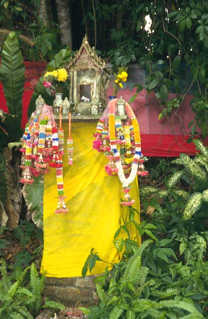 Spirit house at base of sacred tree in Southern Thailand.
